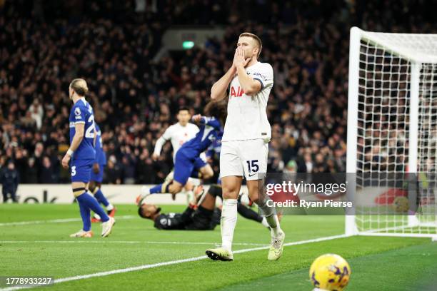 Eric Dier of Tottenham Hotspur celebrates scoring a goal which was later ruled out for offside during the Premier League match between Tottenham...