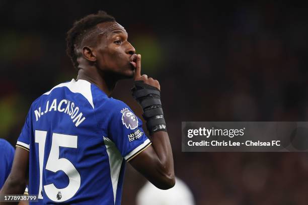 Nicolas Jackson of Chelsea celebrates teammates Raheem Sterling of Chelsea goal which was later ruled out for handball during the Premier League...