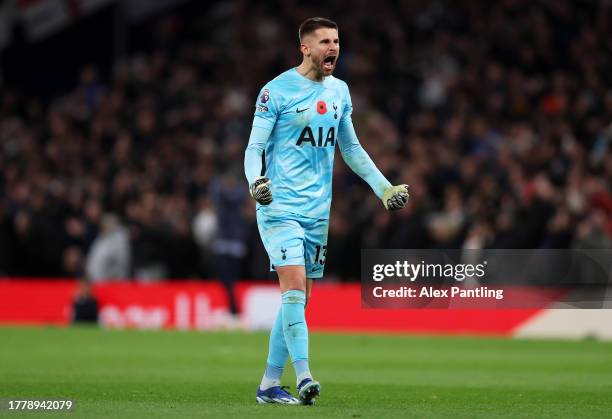 Guglielmo Vicario of Tottenham Hotspur celebrates after teammate Eric Dier of Tottenham Hotspur scores a goal but was later ruled out for offside...