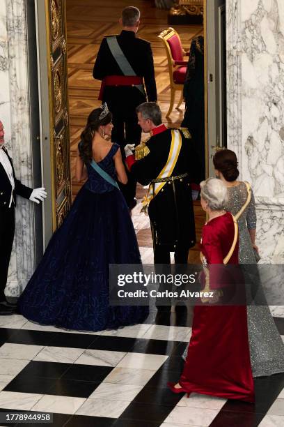 Queen Letizia of Spain and Crown Prince Frederik of Denmark attend a gala dinner at the Christiansborg Palace on November 06, 2023 in Copenhagen,...