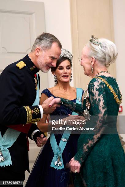 King Felipe VI of Spain, Queen Margrethe of Denmark and Queen Letizia of Spain attend a gala dinner at Christiansborg Palace on November 06, 2023 in...