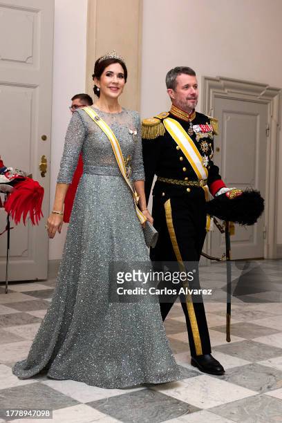 Crown Princess Mary of Denmark and Crown Prince Frederik of Denmark attend a gala dinner at the Christiansborg Palace on November 06, 2023 in...