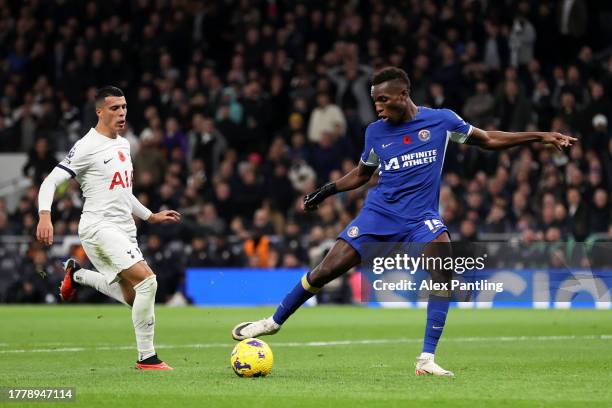 Nicolas Jackson of Chelsea scores the team's third goal during the Premier League match between Tottenham Hotspur and Chelsea FC at Tottenham Hotspur...