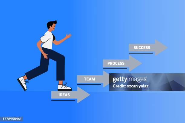 der mann, der die leiter zum erfolg erklimmt. einfaches, schönes vektordesign. - service excellence cartoon stock-grafiken, -clipart, -cartoons und -symbole