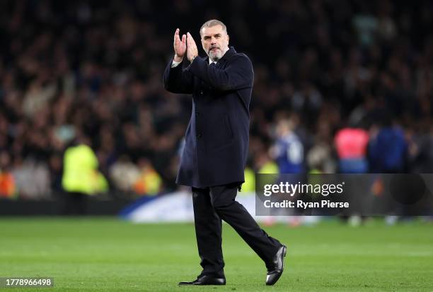 Ange Postecoglou, Manager of Tottenham Hotspur, acknowledges the fans following the team's defeat during the Premier League match between Tottenham...