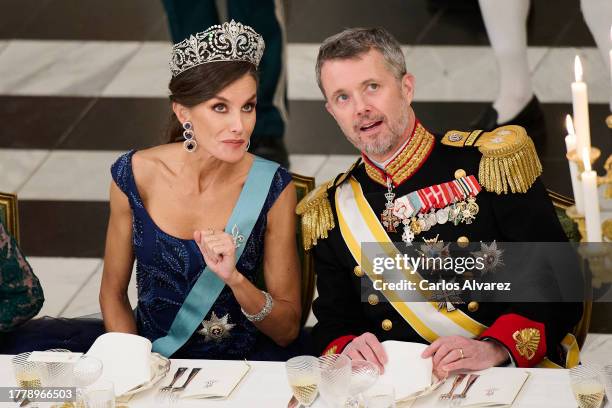 Queen Letizia of Spain and Crown Prince Frederik of Denmark attend a gala dinner at the Christiansborg Palace on November 06, 2023 in Copenhagen,...