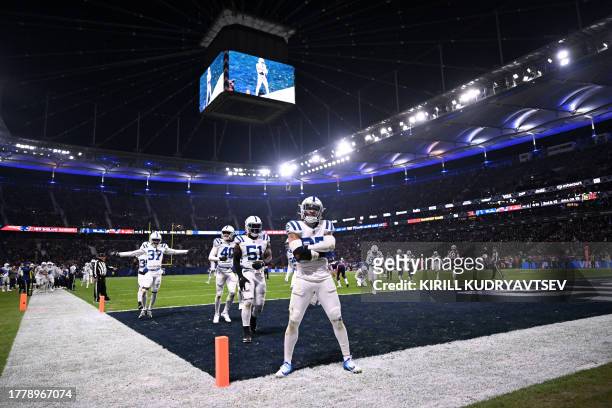 Indianapolis Colts' safety Julian Blackmon celebrates with his teammates during the NFL American football match Indianapolis Colts vs New England...