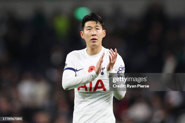 Son Heung-Min of Tottenham Hotspur, acknowledges the fans following the team's defeat during the Premier League match between Tottenham Hotspur and...