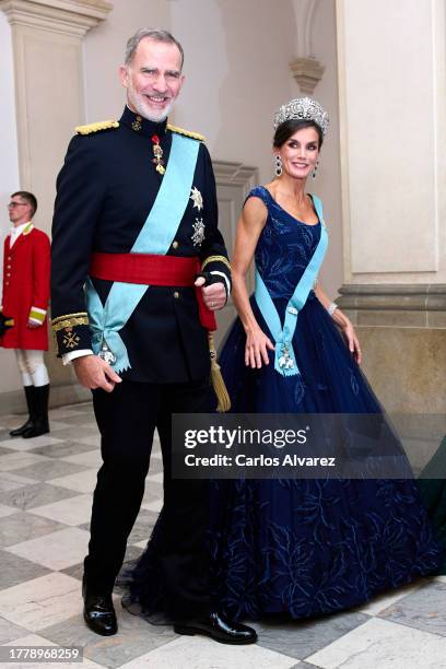 King Felipe VI of Spain and Queen Letizia of Spain attend a gala dinner at the Christiansborg Palace on November 06, 2023 in Copenhagen, Denmark.