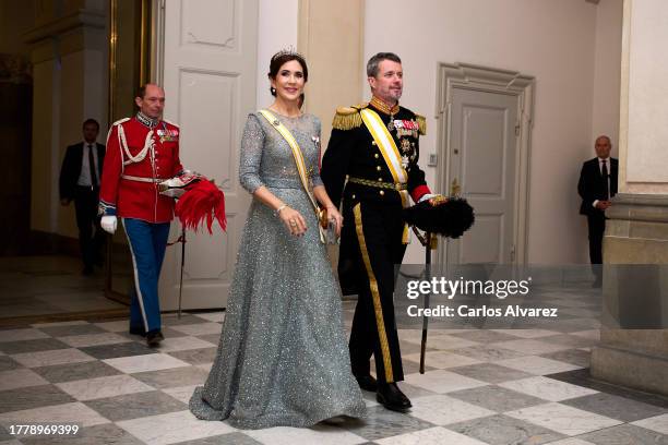 Crown Princess Mary of Denmark and Crown Prince Frederik of Denmark attend a gala dinner at the Christiansborg Palace on November 06, 2023 in...