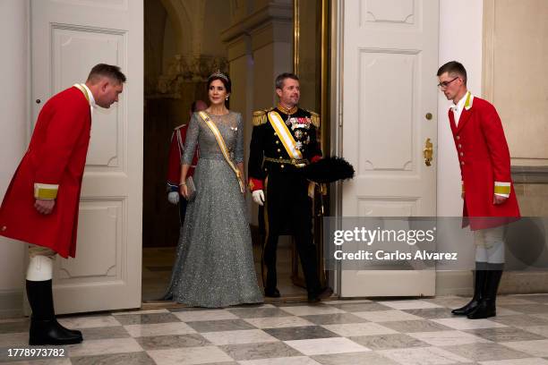 Crown Princess Mary of Denmark and Crown Prince Frederik of Denmark attend a gala dinner at the Christiansborg Palace on November 06, 2023 in...