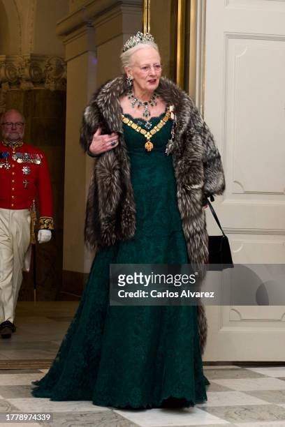 Queen Margrethe of Denmark attends a gala dinner at Christiansborg Palace on November 06, 2023 in Copenhagen, Denmark.