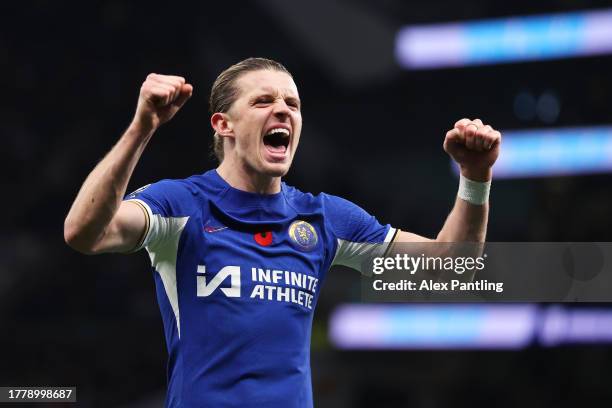 Conor Gallagher of Chelsea celebrates victory at full-time following the Premier League match between Tottenham Hotspur and Chelsea FC at Tottenham...