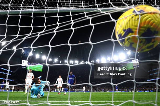 Nicolas Jackson of Chelsea scores his sides third goal during the Premier League match between Tottenham Hotspur and Chelsea FC at Tottenham Hotspur...