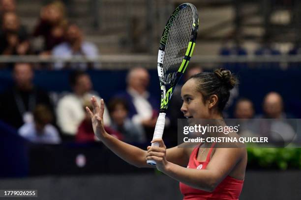 Canada's Leylah Fernandez reacts as she plays against Italy's Jasmine Paolini during the final singles tennis match between Italy and Canada on the...