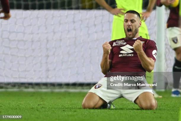Nikola Vlasic of Torino FC celebrates after scoring the 2-1 goal during the Serie A TIM match between Torino FC and US Sassuolo at Stadio Olimpico di...
