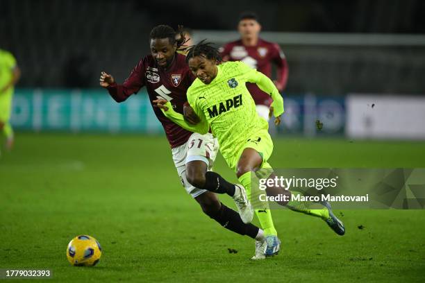 Armand Laurienté of US Sassuolo in action during the Serie A TIM match between Torino FC and US Sassuolo at Stadio Olimpico di Torino on November 06,...