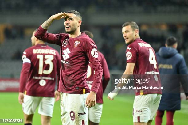 Antonio Sanabria of Torino FC celebrates after scoring the 1-0 goal during the Serie A TIM match between Torino FC and US Sassuolo at Stadio Olimpico...