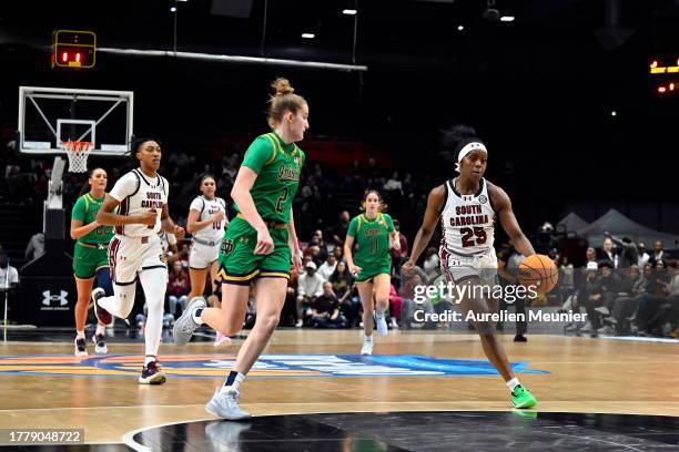 Raven Johnson of South Carolina runs with the ball during the Aflac Oui Play match between South Carolina and Notre Dame at Halle Georges Carpentier...