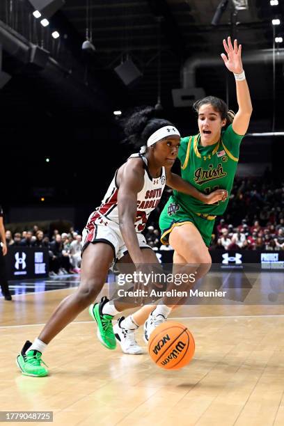 Raven Johnson of South Carolina runs with the ball during the Aflac Oui Play match between South Carolina and Notre Dame at Halle Georges Carpentier...