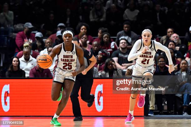 Raven Johnson of South Carolina runs with the ball during the Aflac Oui Play match between South Carolina and Notre Dame at Halle Georges Carpentier...