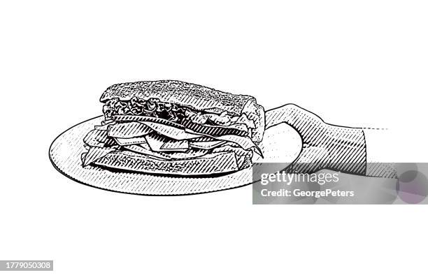 ilustraciones, imágenes clip art, dibujos animados e iconos de stock de sándwich saludable en la mano femenina - bocadillo submarino