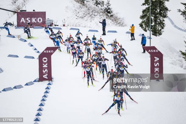 Vebjoern Soerum of Norway in action competes during the Men 15km Mass Start at the Norwegian Biathlon Season Opening on November 12, 2023 in...