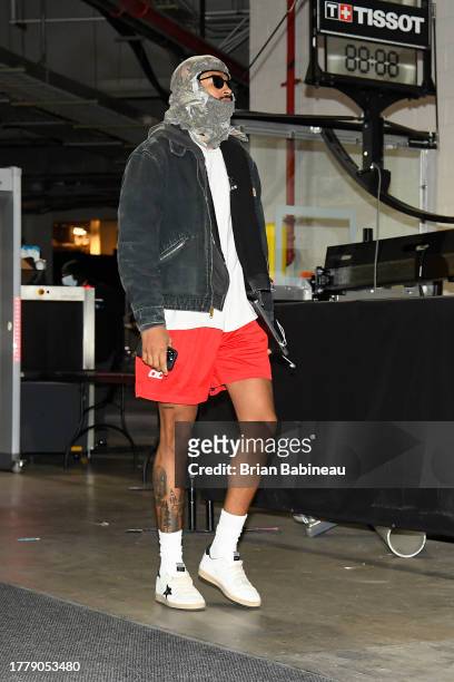 Jordan Poole of the Washington Wizards arrives to the arena before the game against the Brooklyn Nets on November 12, 2023 at Barclays Center in...
