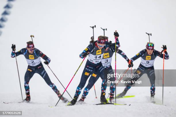 Martin Nevland of Norway in action competes during the Men 15km Mass Start at the Norwegian Biathlon Season Opening on November 12, 2023 in Sjusjoen,...