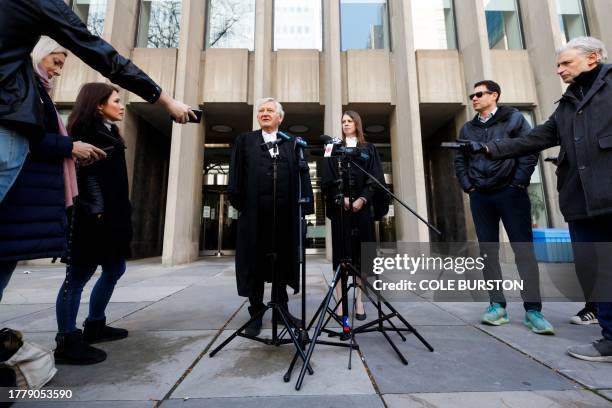 Brian Greenspan, attorney of former fashion mogul Peter Nygard, addresses media outside the Toronto courthouse in Toronto on November 12, 2023 after...