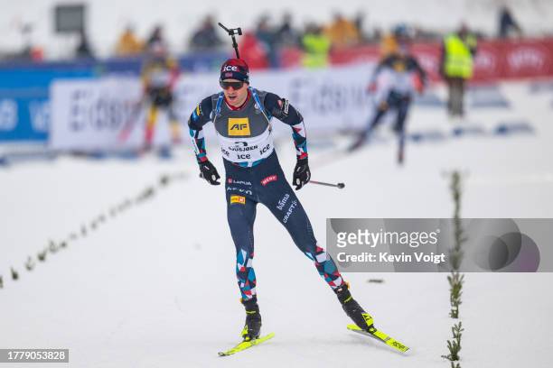 Tarjei Boe of Norway in the finish during the Men 15km Mass Start at the Norwegian Biathlon Season Opening on November 12, 2023 in Sjusjoen, Norway.