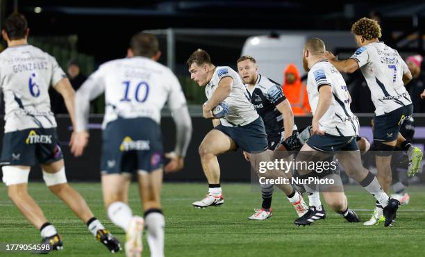 Theo Dan of Saracens on the charge during the Gallagher Premiership match between Newcastle Falcons and Saracens at Kingston Park, Newcastle on...