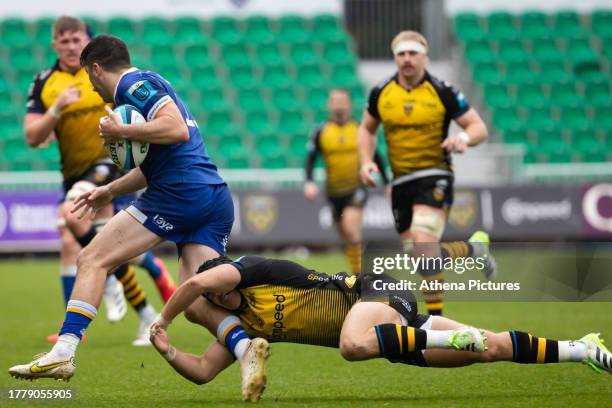 Will Reed of Dragons tackles Jimmy O'Brien of Leinster Rugby during the United Rugby Championship match between Dragons and Leinster Rugby at Rodney...