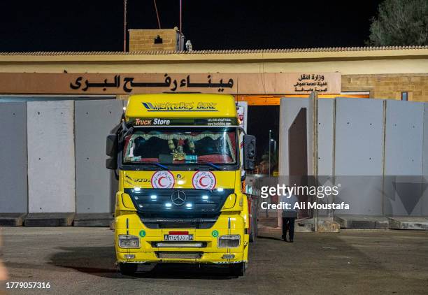 Truck idles near the re-opened crossing after delivering aid into the Gaza Strip on November 12, 2023 in Rafah, Egypt. The Rafah border crossing...