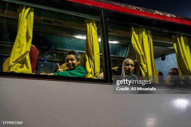 Bus carrying Canadian nationals recently evacuated from the Gaza Strip prepare to depart the Rafah crossing on November 12, 2023 in Rafah, Egypt. The...
