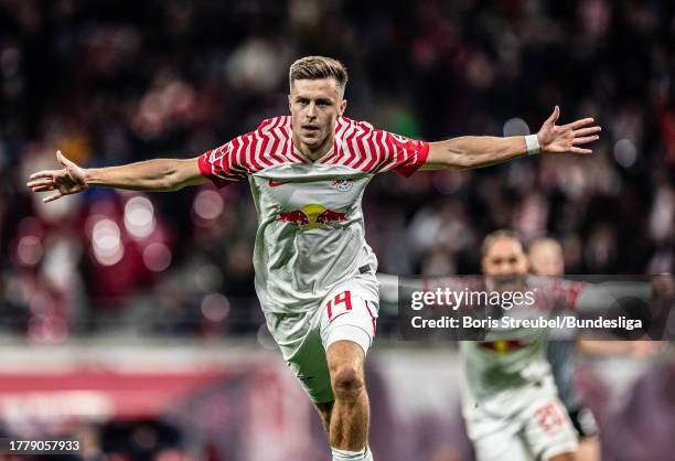 Christoph Baumgartner of RB Leipzig celebrates after scoring his team's third goal during the Bundesliga match between RB Leipzig and Sport-Club...