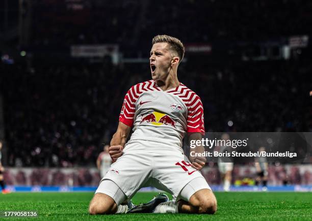 Christoph Baumgartner of RB Leipzig celebrates after scoring his team's third goal during the Bundesliga match between RB Leipzig and Sport-Club...