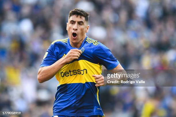 Miguel Merentiel of Boca Juniors celebrates after scoring the team´s first goal during a match between Boca Juniors and Newell's Old Boys as part of...