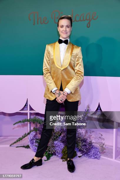 Brihony Dawson poses for a photo during 2023 Melbourne Cup Day at Flemington Racecourse on November 07, 2023 in Melbourne, Australia.