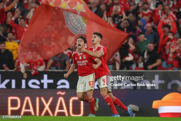 Joao Neves of SL Benfica celebrates scoring SL Benfica first goal with Antonio Silva of SL Benfica during the Liga Portugal Bwin match between SL...