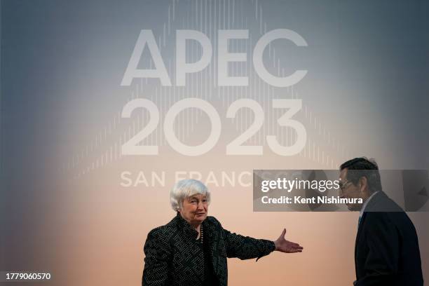 Treasury Secretary Janet Yellen greets Finance and Public Credit Secretary Rogelio Ramirez de la O of Mexico attend a bilateral meeting at the...