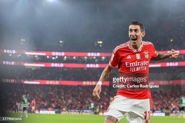 Angel Di Maria of SL Benfica celebrates SL Benfica goal scored by Casper Tengstedt of SL Benfica during the Liga Portugal Bwin match between SL...
