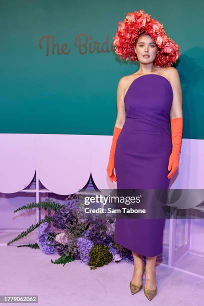 Georgina Burke poses for a photo during 2023 Melbourne Cup Day at Flemington Racecourse on November 07, 2023 in Melbourne, Australia.