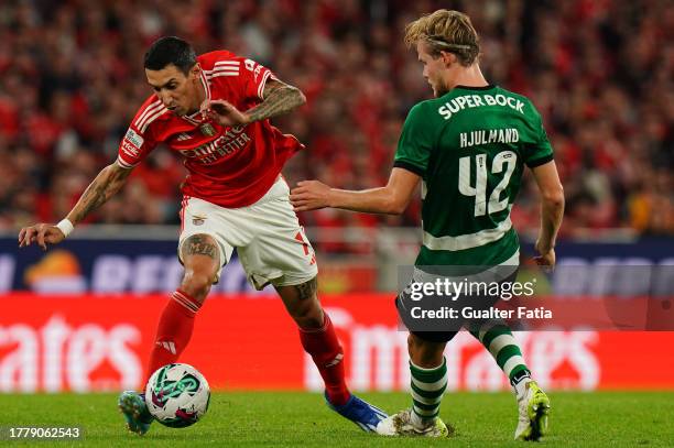 Angel Di Maria of SL Benfica with Morten Hjulmand of Sporting CP in action during the Liga Portugal Betclic match between SL Benfica and Sporting CP...