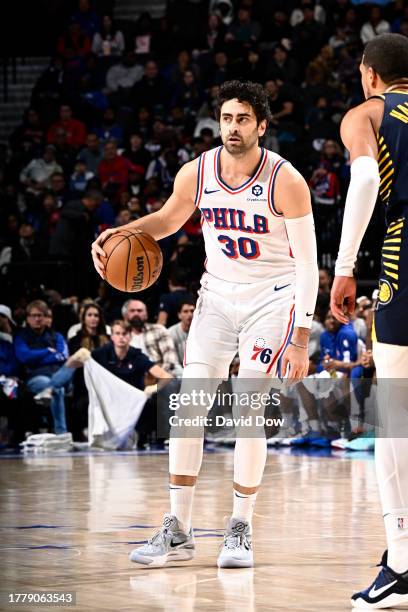 Furkan Korkmaz of the Philadelphia 76ers dribbles the ball during the game against the Indiana Pacers on November 12, 2023 at the Wells Fargo Center...