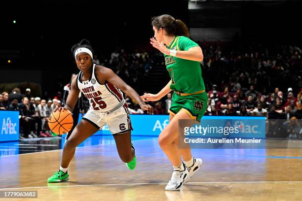 Raven Johnson of South Carolina runs with the ball during the Aflac Oui Play match between South Carolina and Notre Dame at Halle Georges Carpentier...