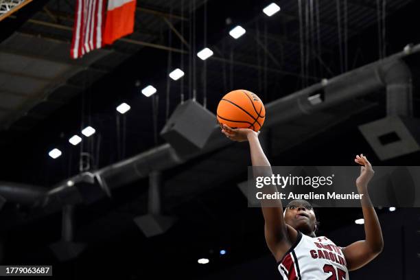 Raven Johnson of South Carolina takes a shot during the Aflac Oui Play match between South Carolina and Notre Dame at Halle Georges Carpentier on...