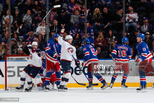 Alexandre Texier of the Columbus Blue Jackets reacts after a goal in the first period against the New York Rangers at Madison Square Garden on...