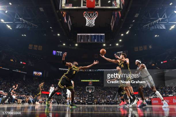 Klay Thompson of the Golden State Warriors grabs the rebound during the game against the Minnesota Timberwolves on November 12, 2023 at Chase Center...