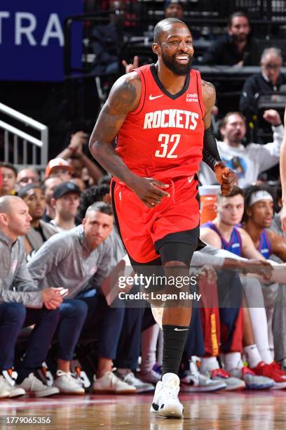 Jeff Green of the Houston Rockets smiles during the game against the Denver Nuggets on November 12, 2023 at the Toyota Center in Houston, Texas. NOTE...